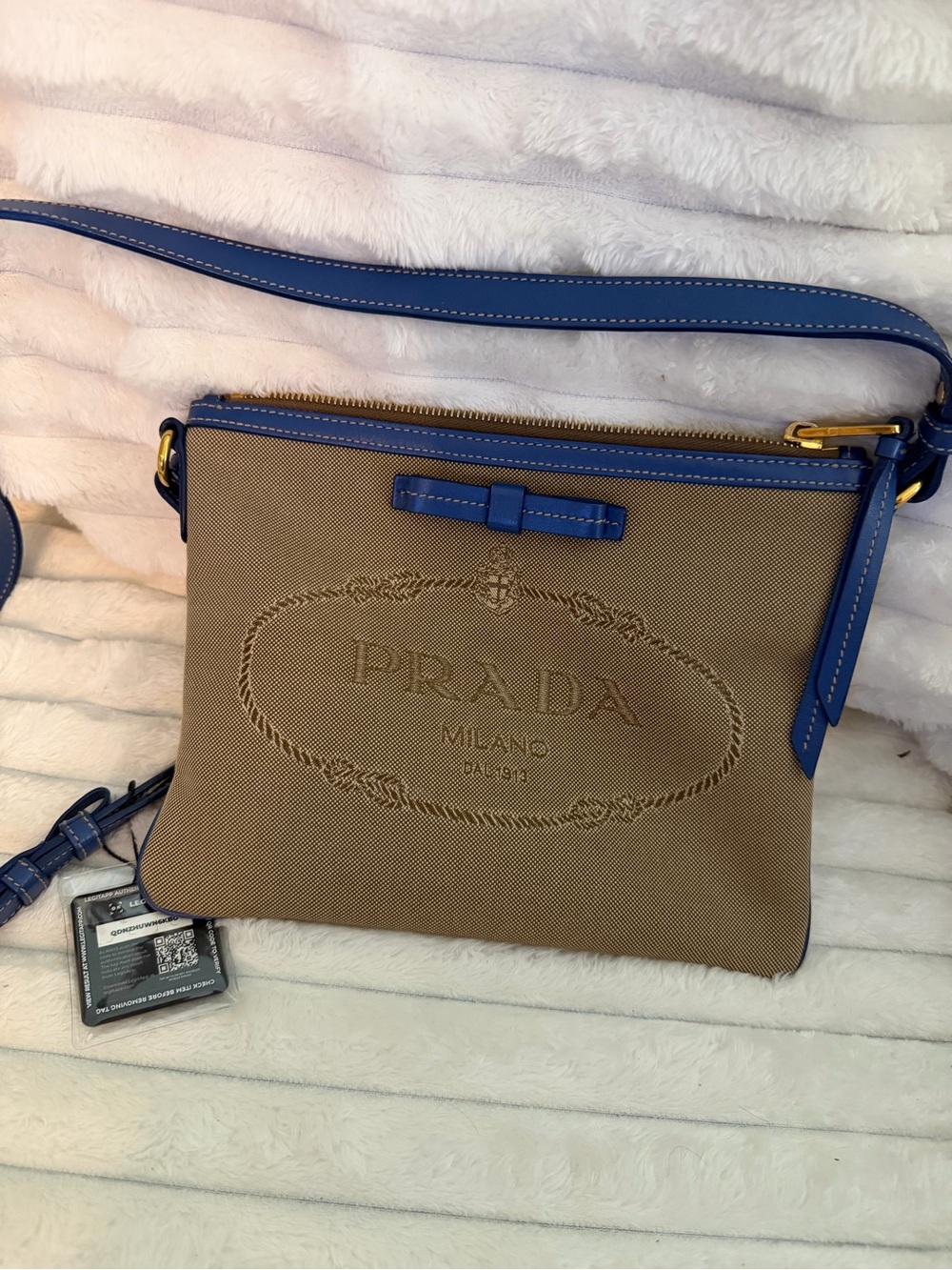 Prada Logo Jacquard Bandoliera Flat Bow  Crossbody Bag - Beige & Cobalt Blue